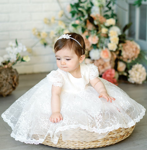[BS14] Orchid-Scalloped All Over Lace Flower Baptism Dress