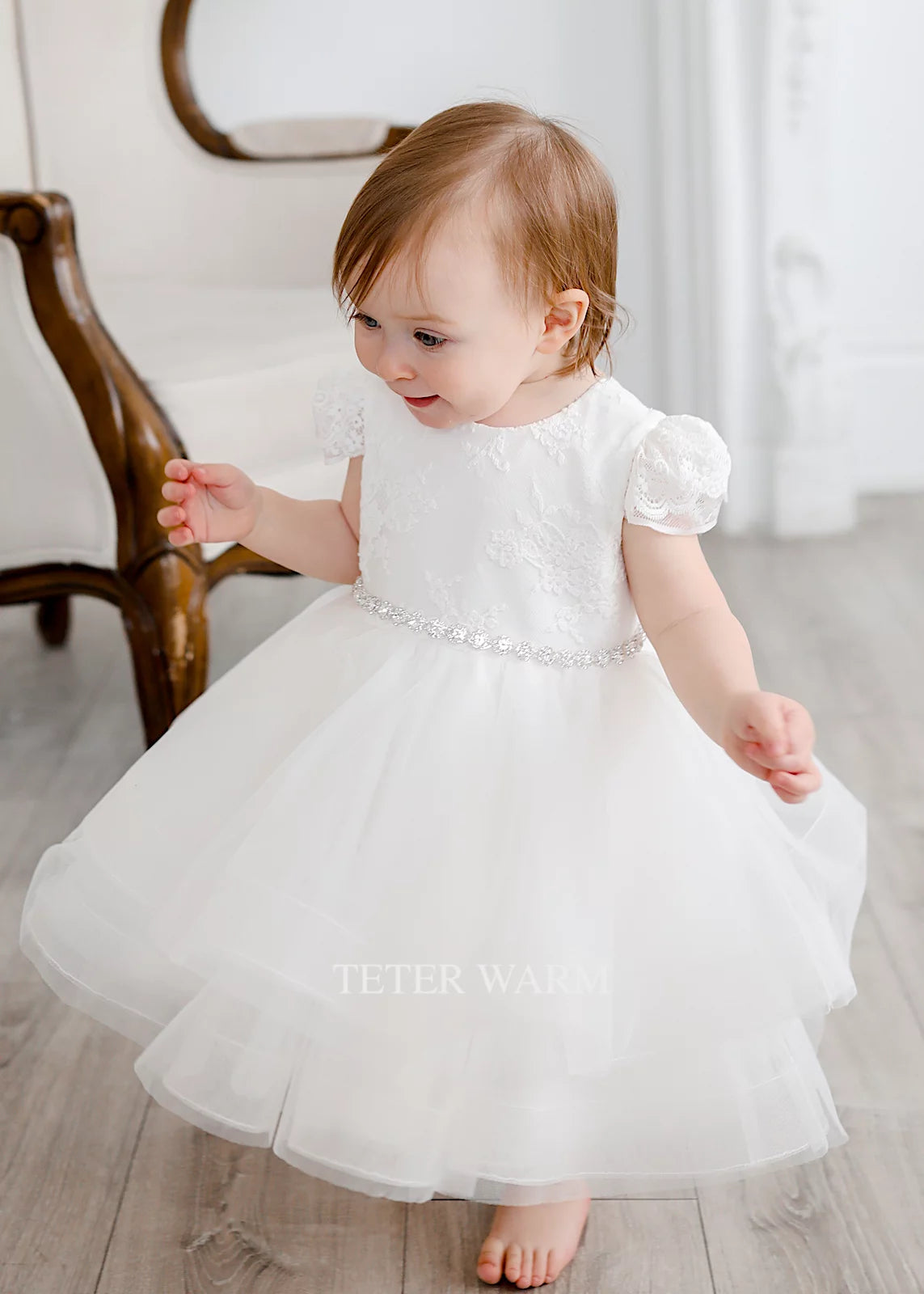 Kaia-Layered Horse Hair Skirt Baptism Dress