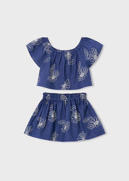 Floral Embroidery Linen Skirt Set
