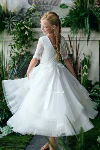 Kalani-3/4 Lace Sleeve & 3 Tier Asymmetrical Horse Hair Communion Dress