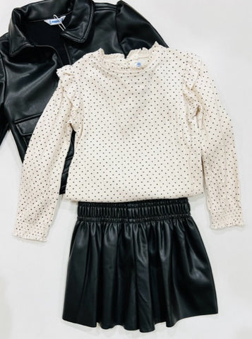 2pc Dot Top & Leatherette Skort Set