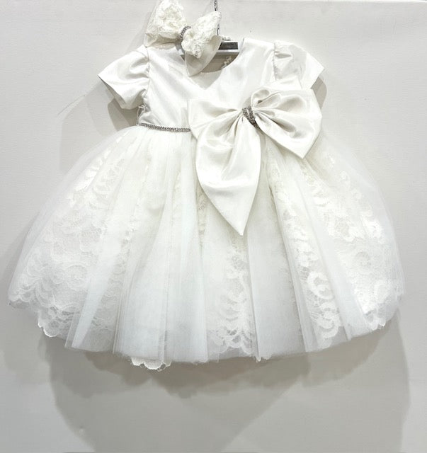 2pc Lace Skirt w/Tulle Overlay & Bow Detail Baptism Dress