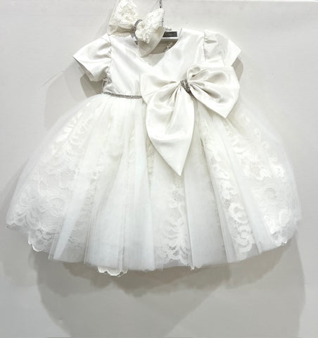 2pc Lace Skirt w/Tulle Overlay & Bow Detail Baptism Dress