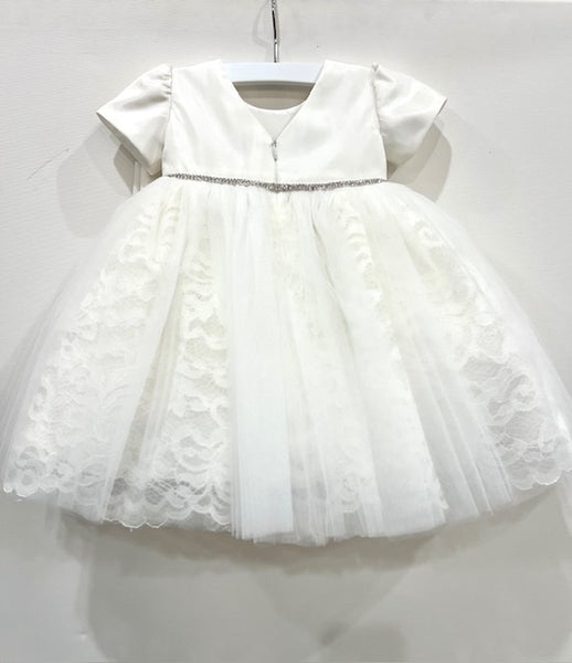 2pc Lace Skirt w/Tulle Overlay & Bow Detail Baptism Dress