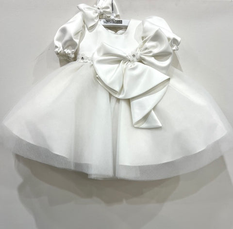 2pc Poet Sleeve & Asymmetrical Bow Baptism Dress