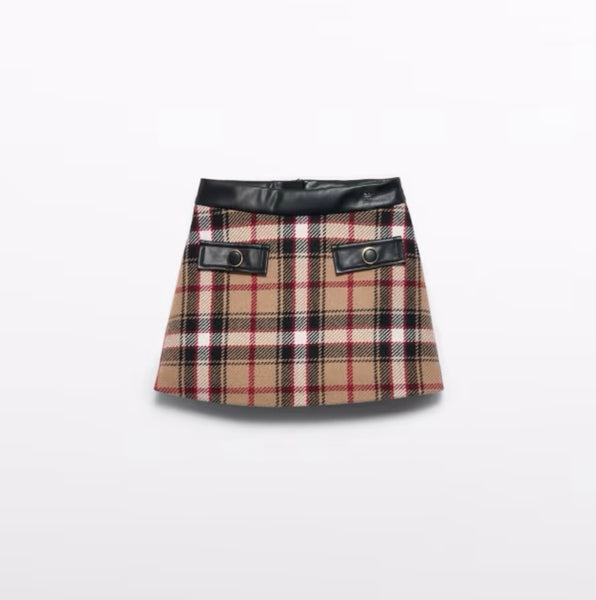 Check Leather Trim Skirt