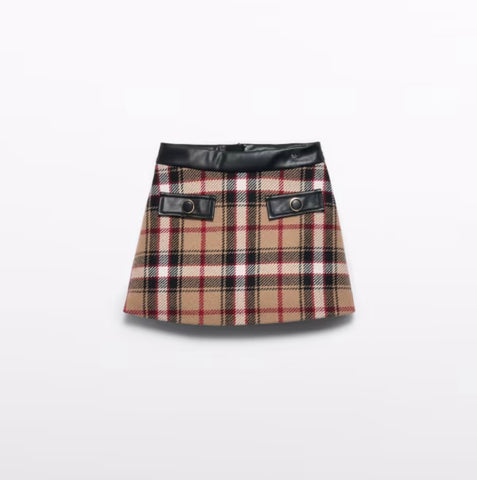 Check Leather Trim Skirt