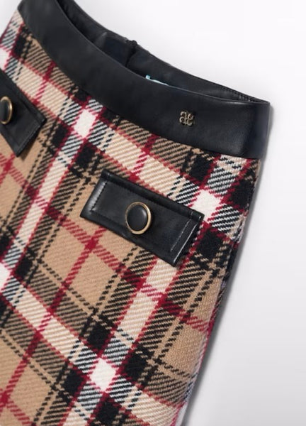 Check Leather Trim Skirt