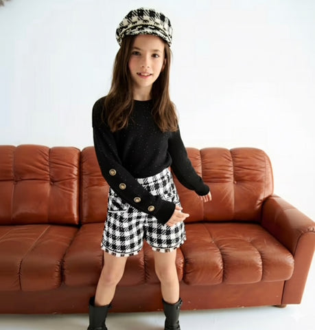 2pc Rhinestone Pullover & Houndstooth Short Set