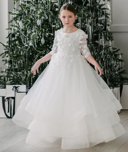 Eleanor-3/4LeafLace Sleeve & A-Line Layered Communion Dress