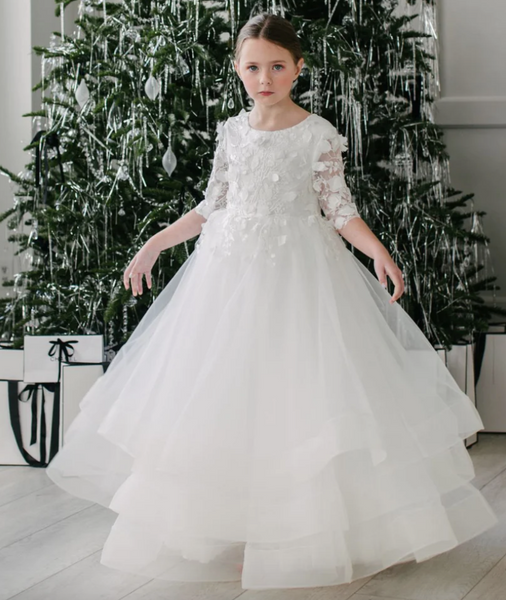 [GS01] Eleanor-3/4LeafLace Sleeve & A-Line Layered Communion Dress