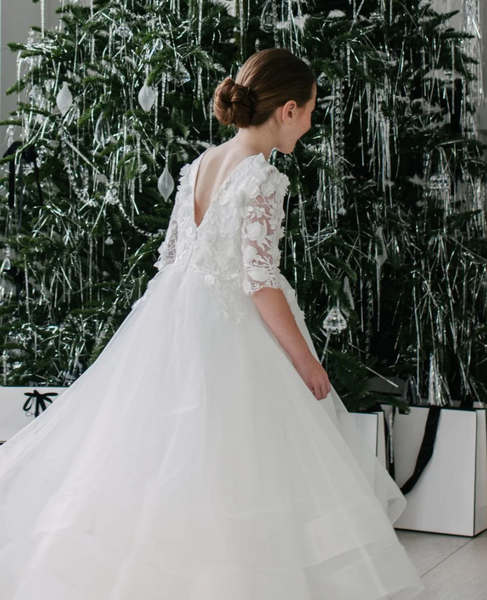 Eleanor-3/4LeafLace Sleeve & A-Line Layered Communion Dress