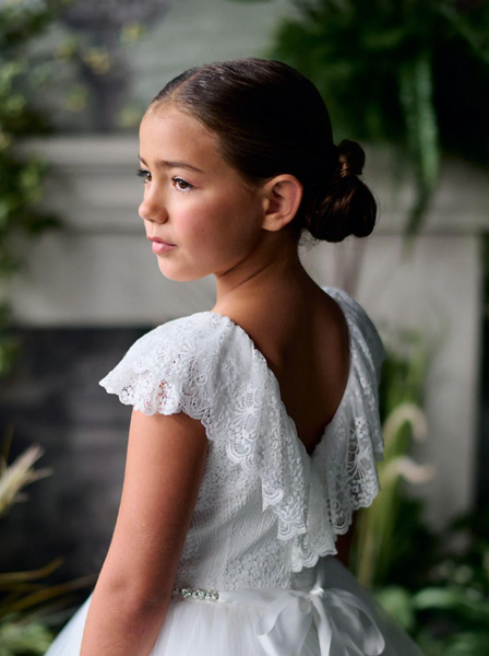 Lori Dainty Lace Shawl V Back Communion Dress