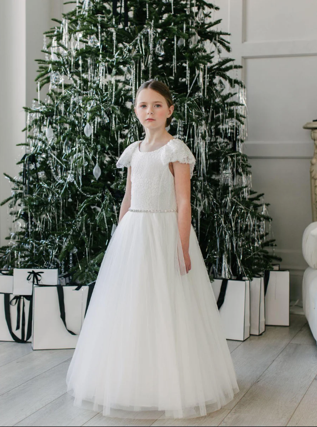 Lori Dainty Lace Shawl V Back Communion Dress