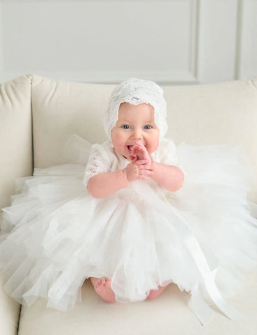 Aspen 3/4 Sleeve, Bias Tulle Skirt w. Lace Baptism Dress