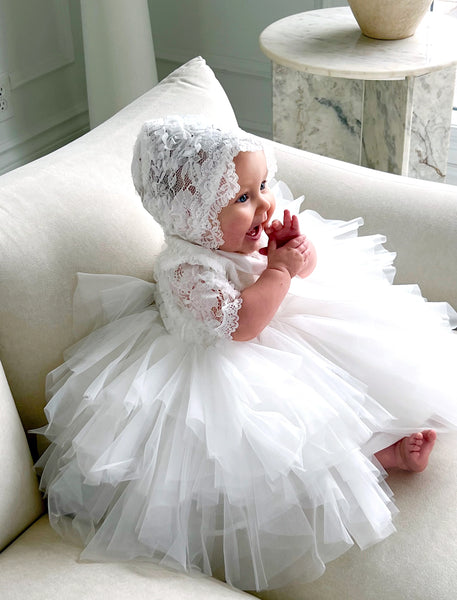 Aspen 3/4 Sleeve, Bias Tulle Skirt w. Lace Baptism Dress