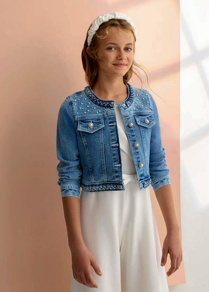 Braided & Pearl Button Denim Jacket