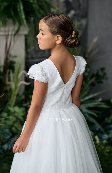 Juliet-Multi Lace Cap Sleeve with Clean Tulle Skirt Communion Dress