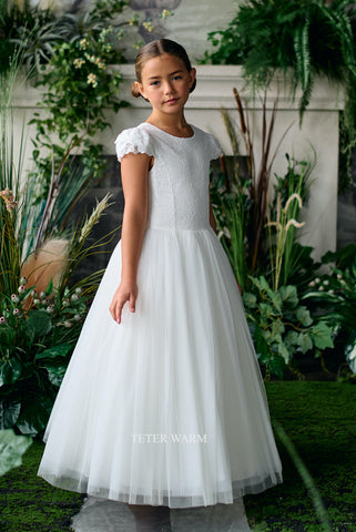 Multi Lace Cap Sleeve with Clean Tulle Skirt Communion Dress