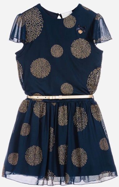 Le Chic Belted Gold Geo Print Dress
