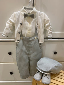 Helena's Creation 5pc Grey Linen w. Cardigan Baptism Set