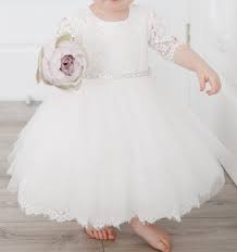 Demi- Teter Warm 3/4 Lace Sleeve, Bias Tulle Skirt Baptism Dress