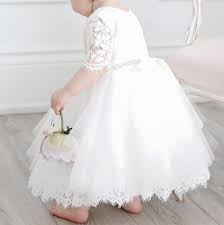 [B47] Teter Warm 3/4 Lace Sleeve, Bias Tulle Skirt Baptism Dress