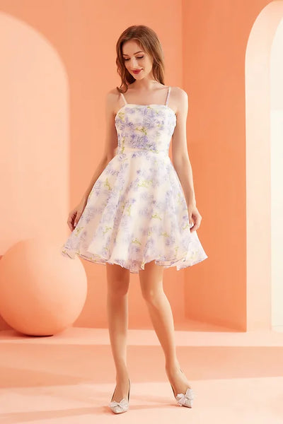 Lavender Floral Chiffon Short Dress
