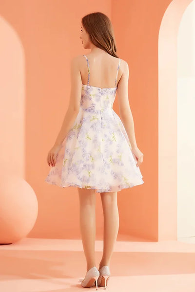 Lavender Floral Chiffon Short Dress